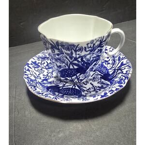 Royal Crown Derby Blue White Porcelain Tea Cup & Saucer Floral Peacock England